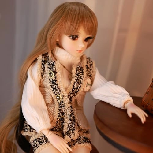 BJD Doll - Brown Curly Fringe Hair Beige Vest Set 22 Joints Ages 15+