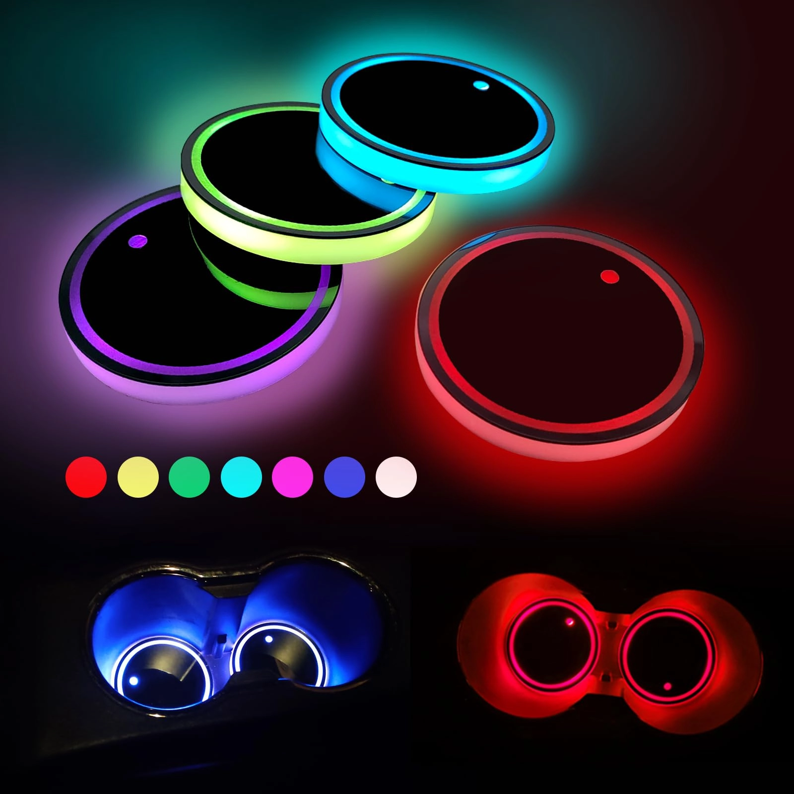 CmeRto LED Car Cup Holder - Blue Green Red White Yellow