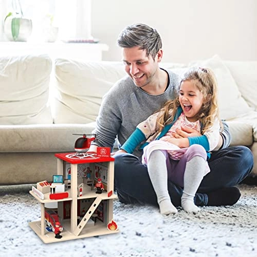 Pink Princess Wooden Dollhouse + Miniature Fire Station Wooden Dollhouse + Station Wooden Dollhouse