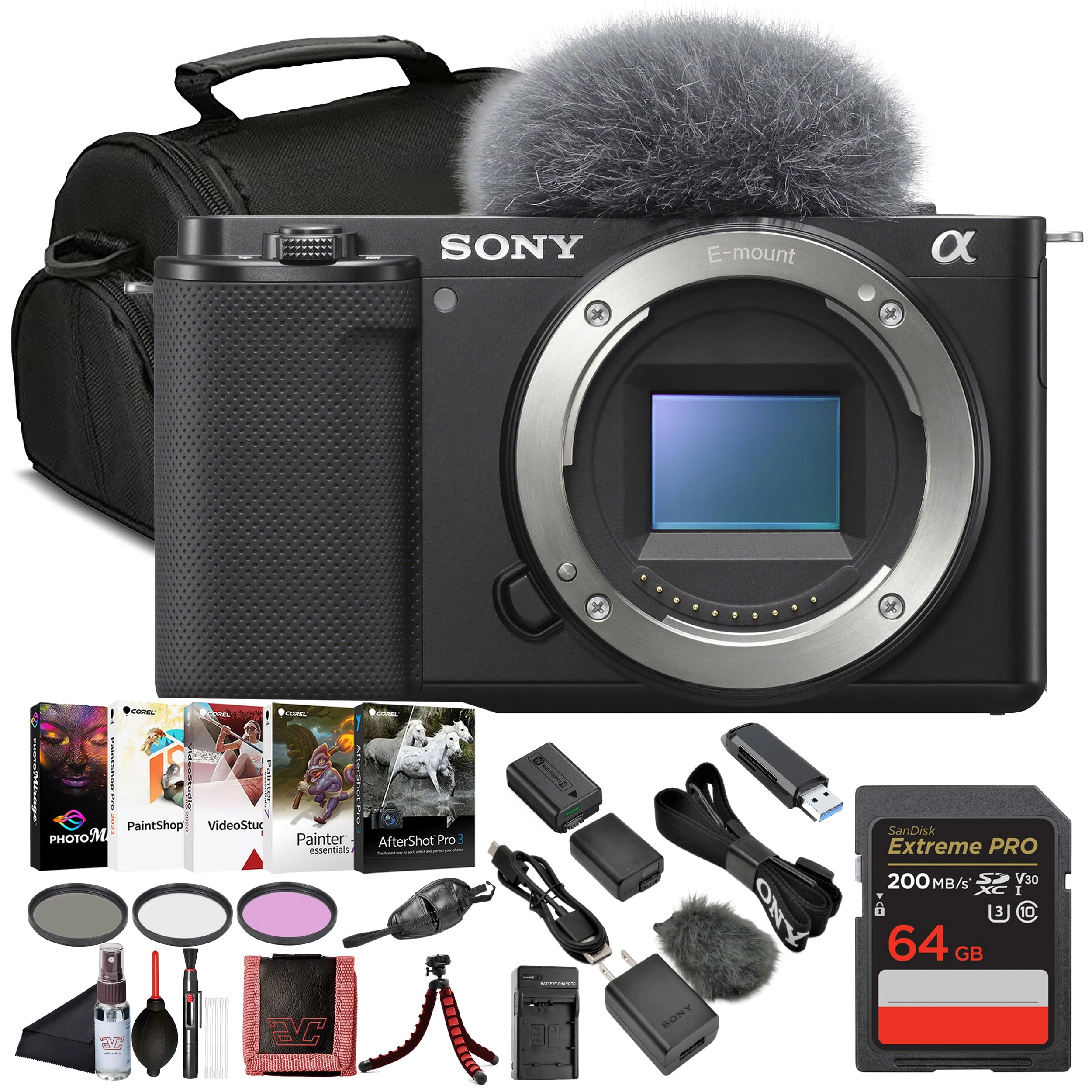 Electronics Basket ZV-E10 + 64GB Extreme PRO Memory Card + Corel Photo Software + Soft Bag + NPF-W50 Battery + NPF-W50 Charger + Memory Card Reader + Micro HDMI Cable + Flexible Tripod + Hand Strap + Memory Card Wallet + Cleaning Kit