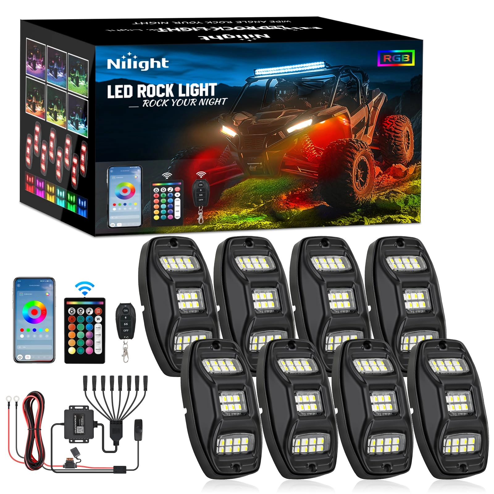 Nilight RGBW LED Rock Lights Kit - 8 Pods 22LED Bluetooth App