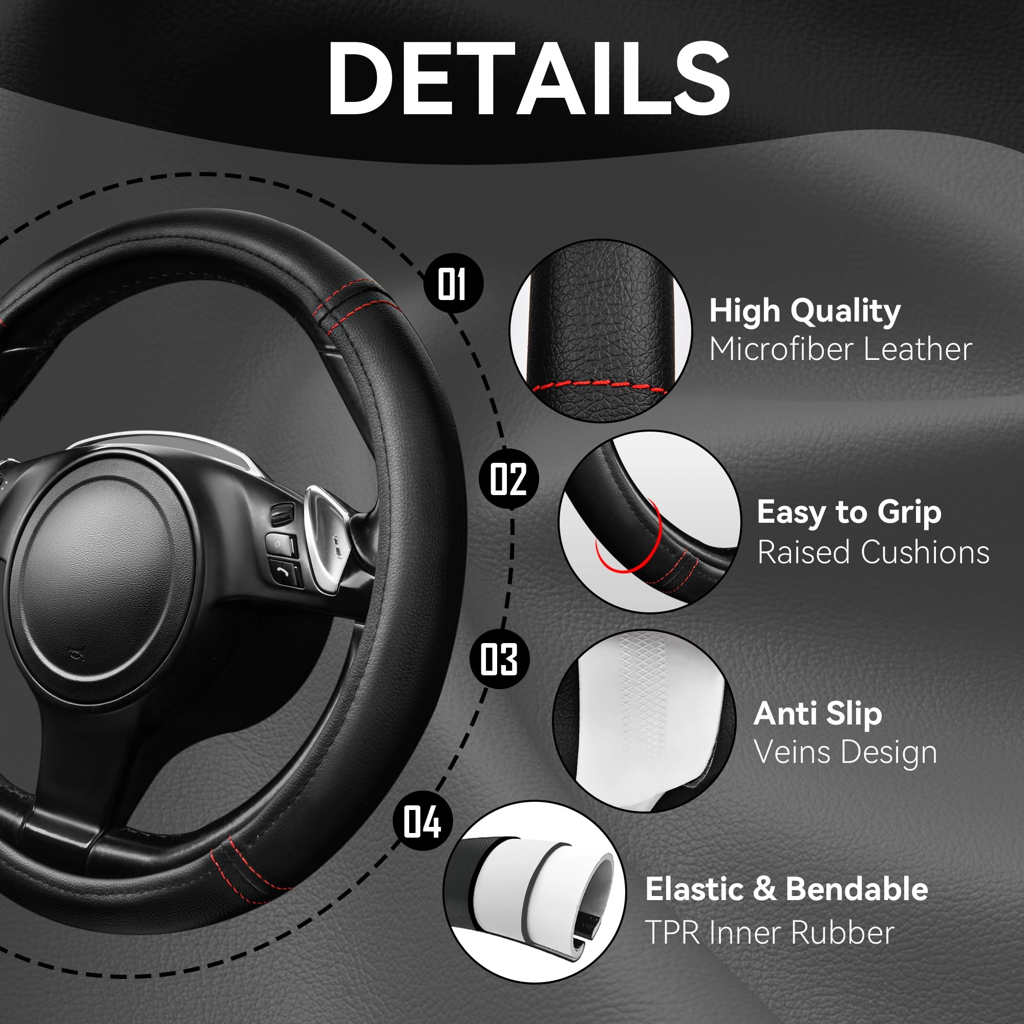 Car Seat Covers - Air Mesh Leather + Car Floor Mats - Waterproof + Steering Wheel Cover - Sporty
