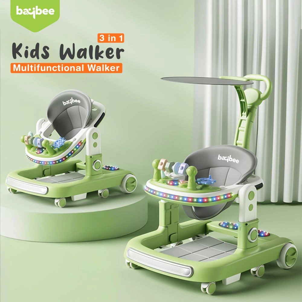 2-In-1 Push Baby Walker - Green 3-Height Adjustable