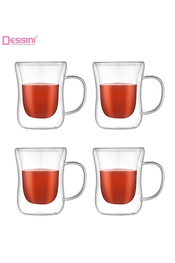 DESSINI Double Wall Insulated Glass Mug - 4 pcs Handle 250 ml