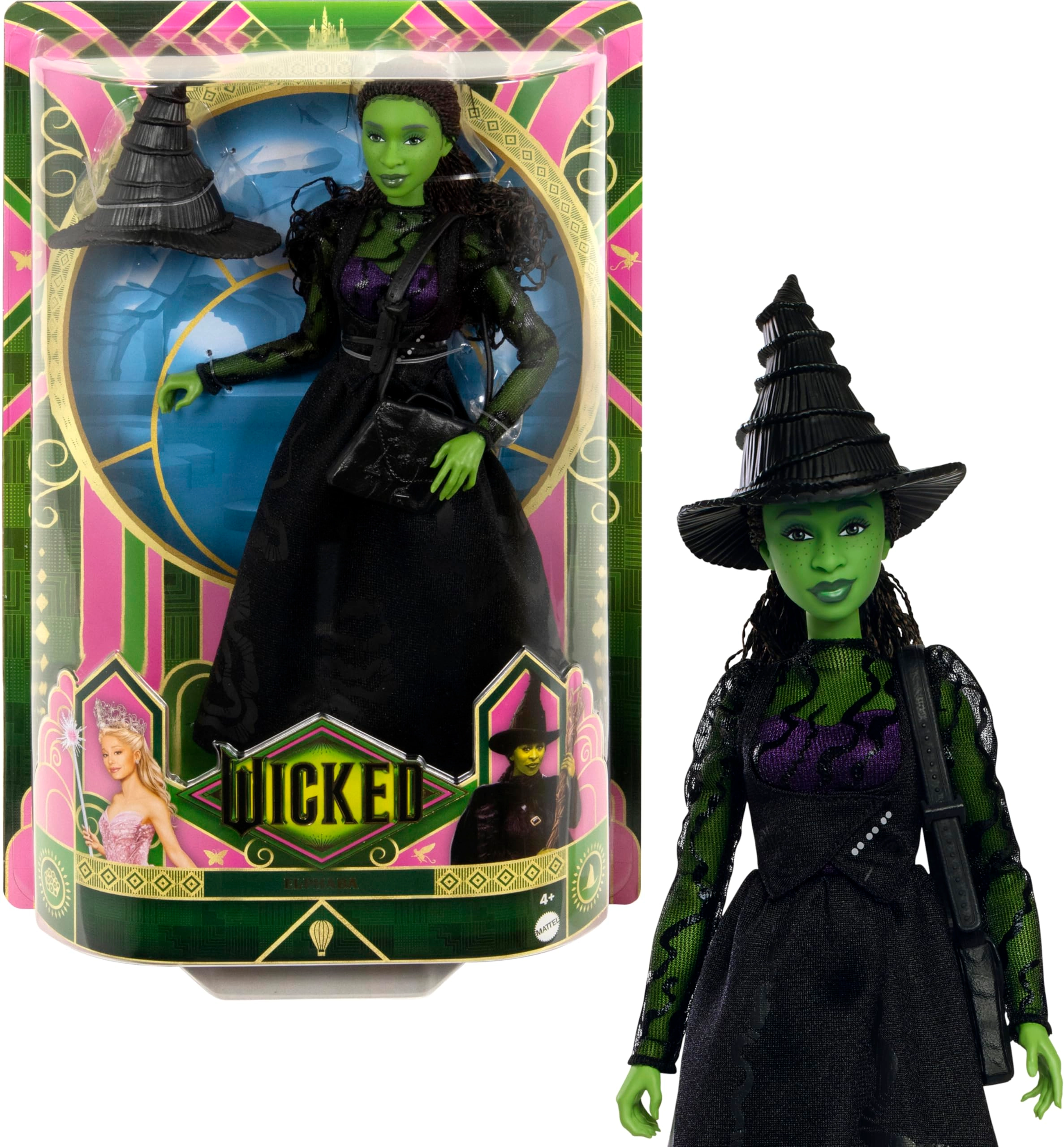 Elphaba Fashion Doll - Green skin Black braided hair Sheer black dress
