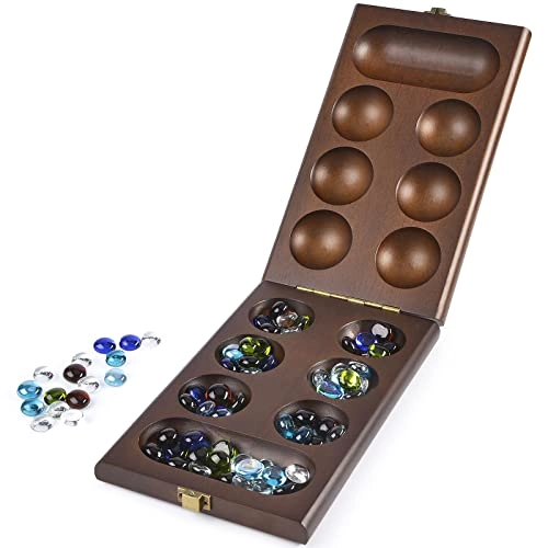 Mancala - Wooden Folding 728 Bonus Multi Color Glass Stones
