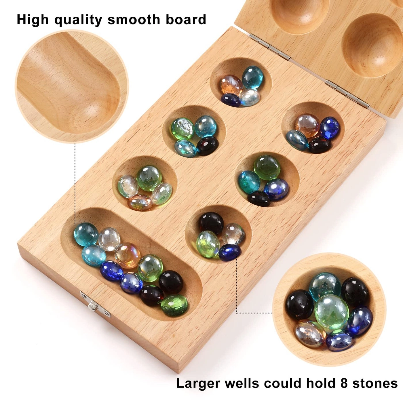 Mancala - Folding Rubber Wood Board 58 glass stones
