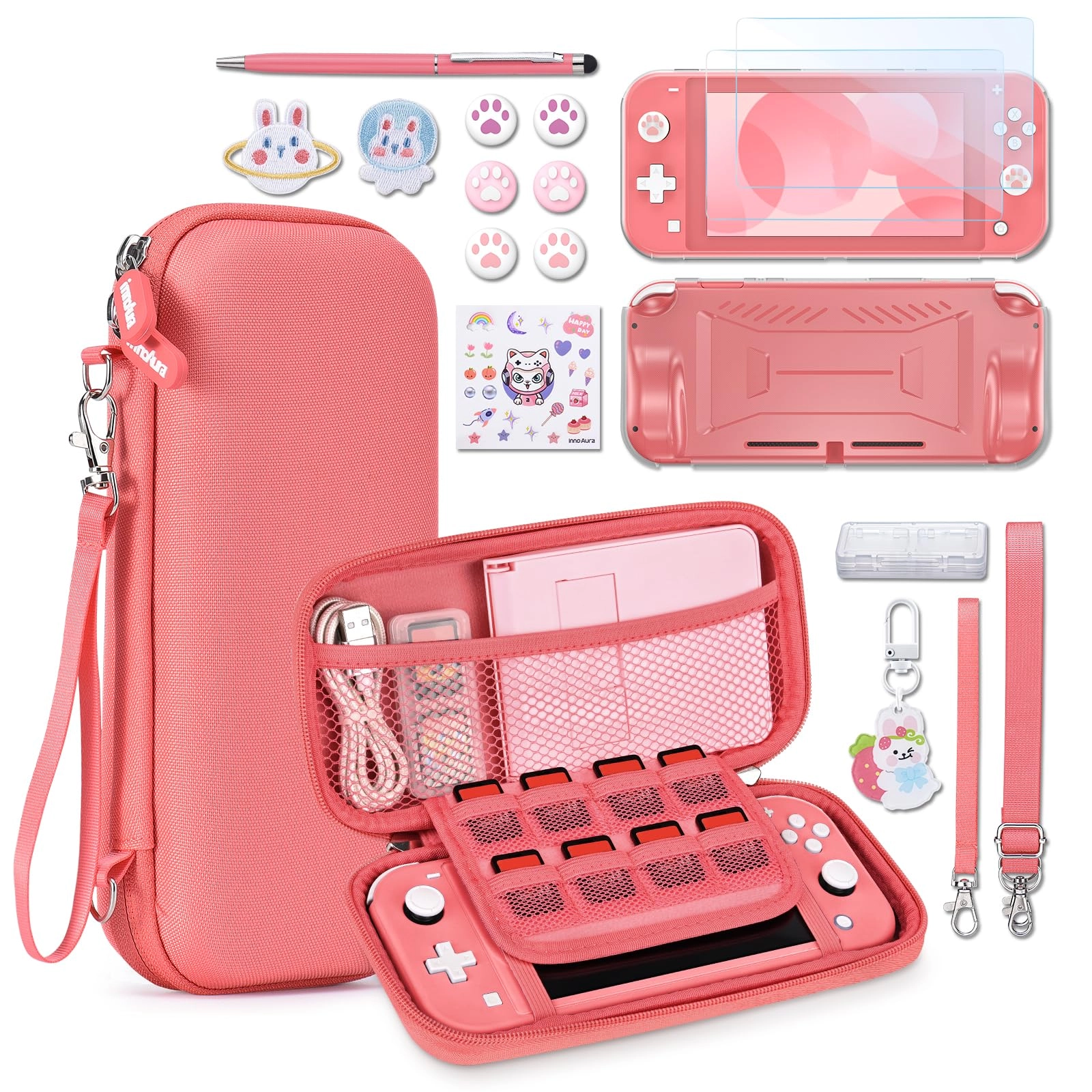 innoAura Switch Lite Carrying Case + Switch Game Case + Switch Lite Screen Protector + Switch Thumb Grips