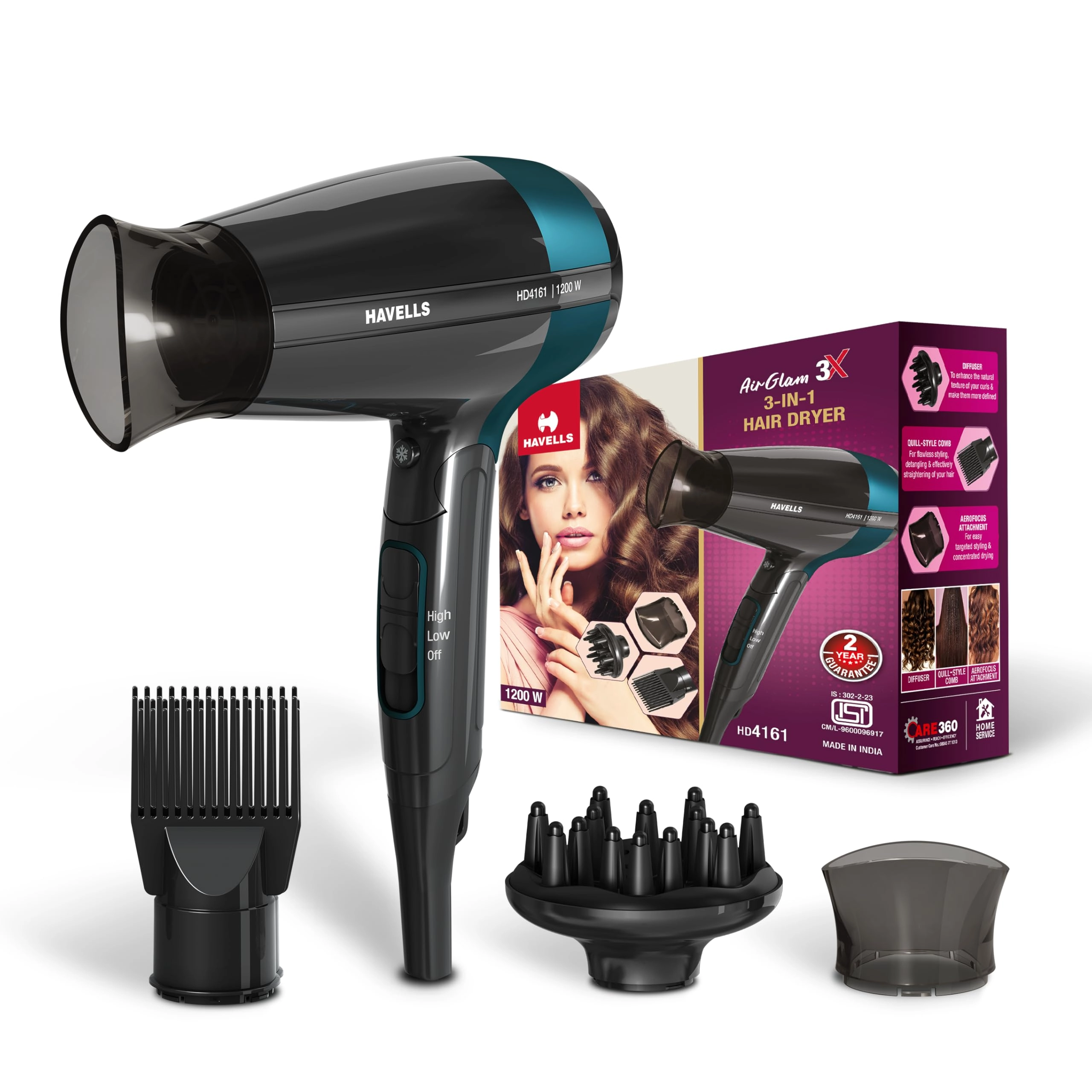 Havells India Limited , QRG Tower Sector 126 Noida, Havells India Ltd AirGlam 3X - 1200W 3 Detachable Attachments