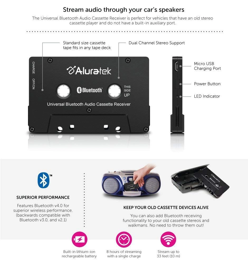 Universal Bluetooth Audio Cassette Receiver - Built-in Rechargeable Battery 8 Hours Playtime