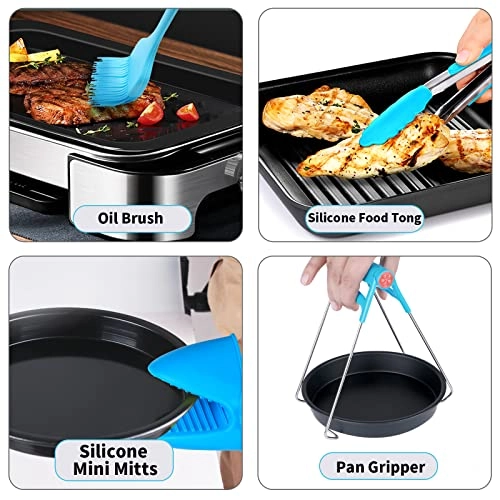 Cake Barrel + Pizza Pan + Cupcake Pan + Metal Holder + Skewer Rack + Silicone Mat + Food Tong + Oil Brush + Air Fryer Liners + Plate Gripper + Silicone oven gloves + Air Fryer Recipe Cookbook - Food grade 304 stainless steel and silicone 12 pcs