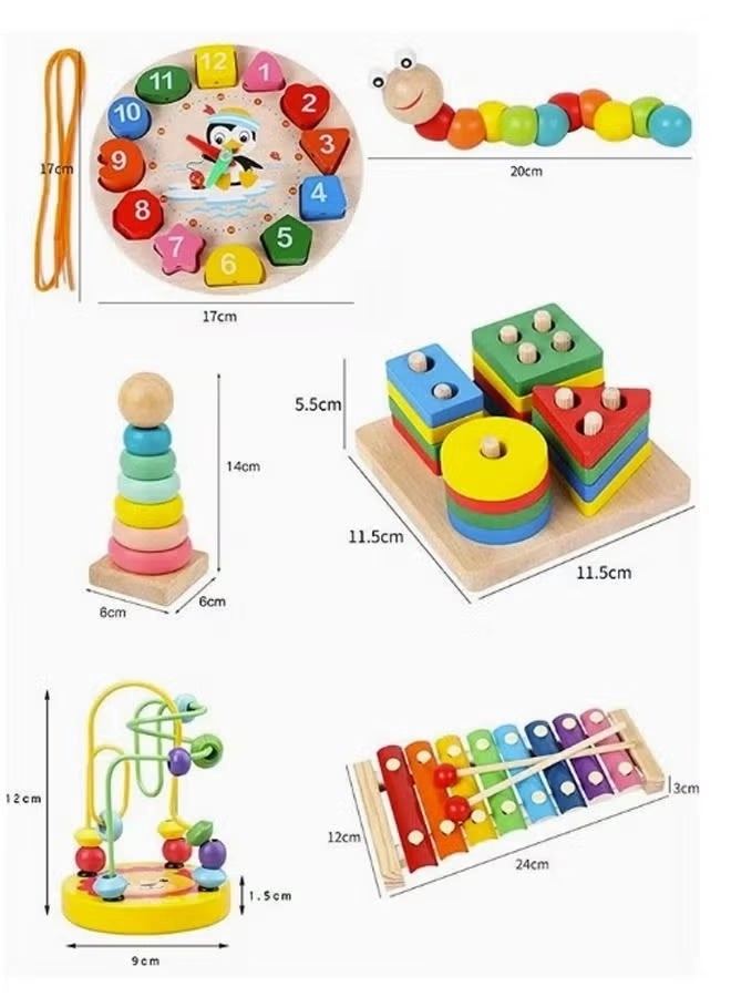 Stacking Rings + Xylophone + Clock + Bead Maze + Shape Sorting Puzzle + Caterpillar Musical Toy - 3-6 years