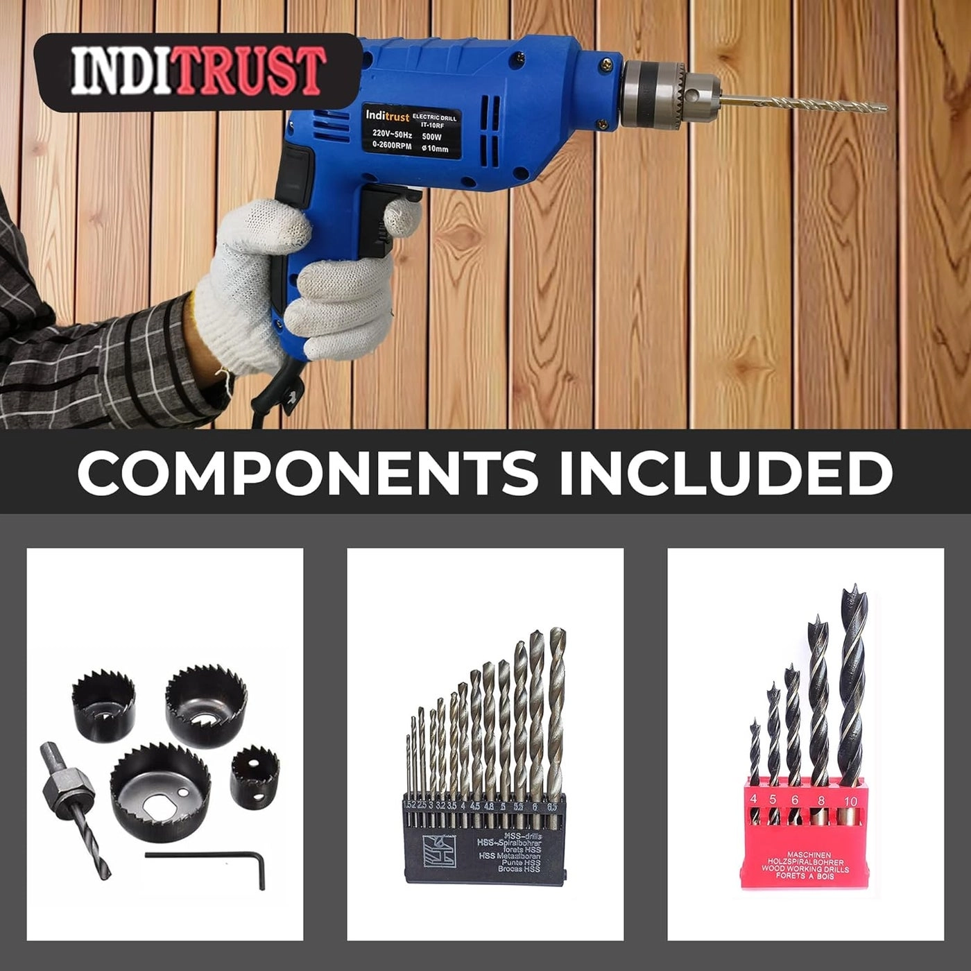Reversible Drill - 500W 2600RPM + 6pc Hole Saw + 5pc Wood + 1pc Masonry Bit Set
