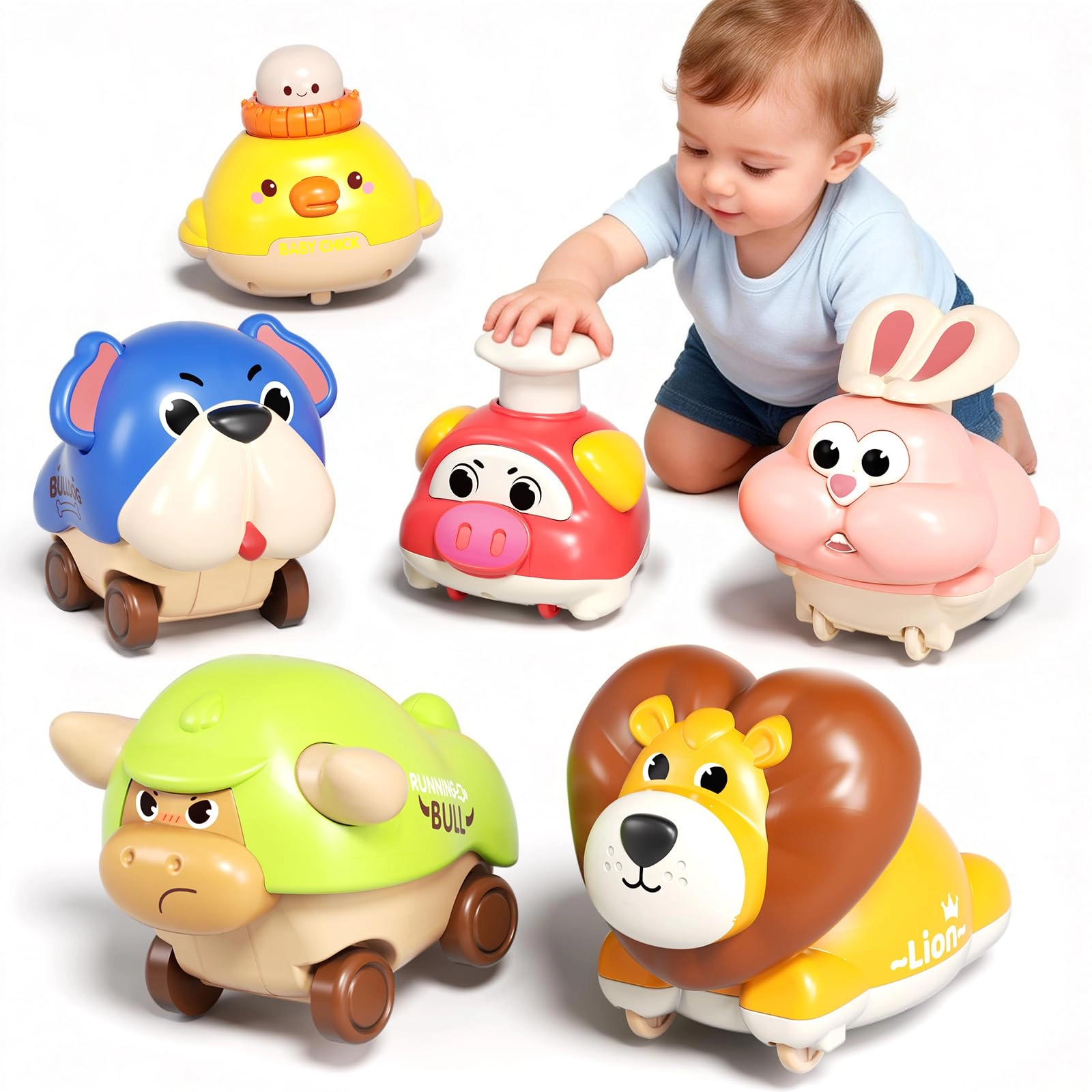 stactcute Press and Go Animal Toy Cars - 6pcs Lion Rabbit Dog Cow Pig Chicken