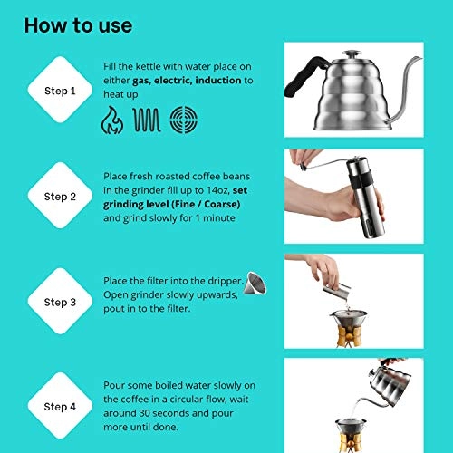 Gooseneck Kettle - Thermometer + Coffee Mill Grinder - Integrated Grinder + Paperless Glass Coffee Brewer