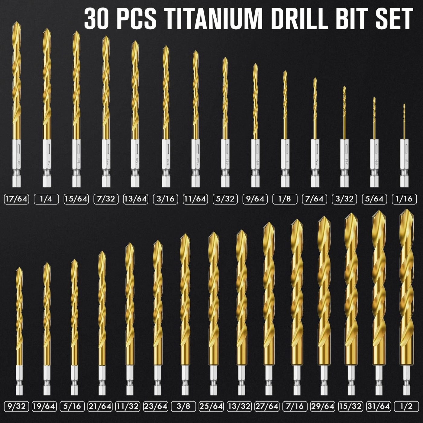 Hex Shank Drill Bit Set - Hss 4241 Titanium Coating 30Pcs (1/16"" - 1/2"")