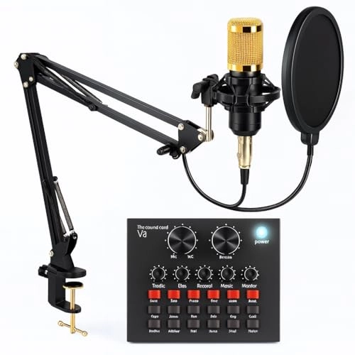 Condenser Microphone + Adjustable Scissor Arm Stand + Live Sound Card Mixer - Wired Microphone