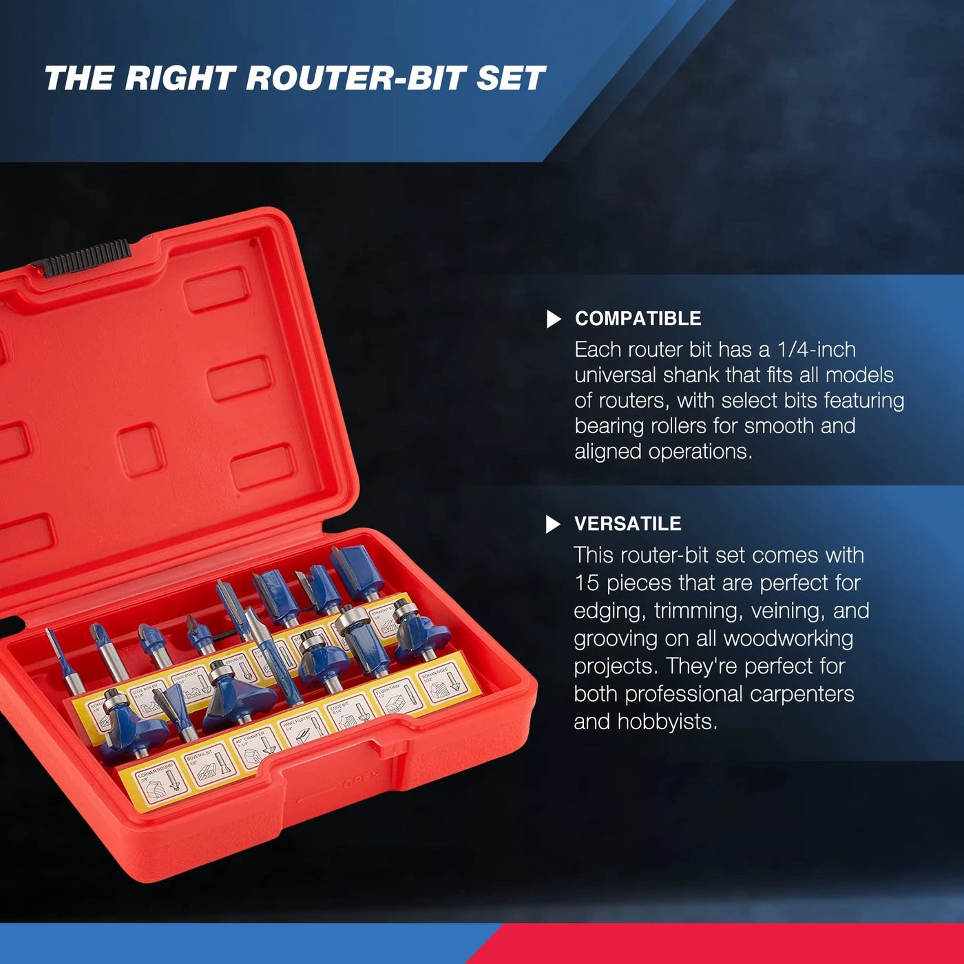 10100 Tungsten Carbide Router Bits - 1/4-inch 15 pieces