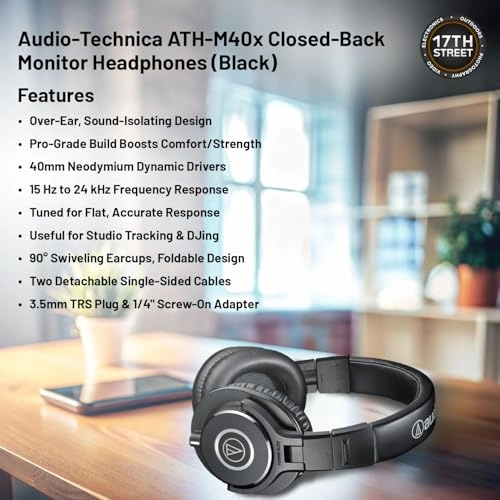 ATH-M40x Wired Headphone + Headphone Sanitizer Spray + Microfiber Cleaning Cloth + Screw On Adapter + Carrying Pouch + Straight Cable + Coiled Cable