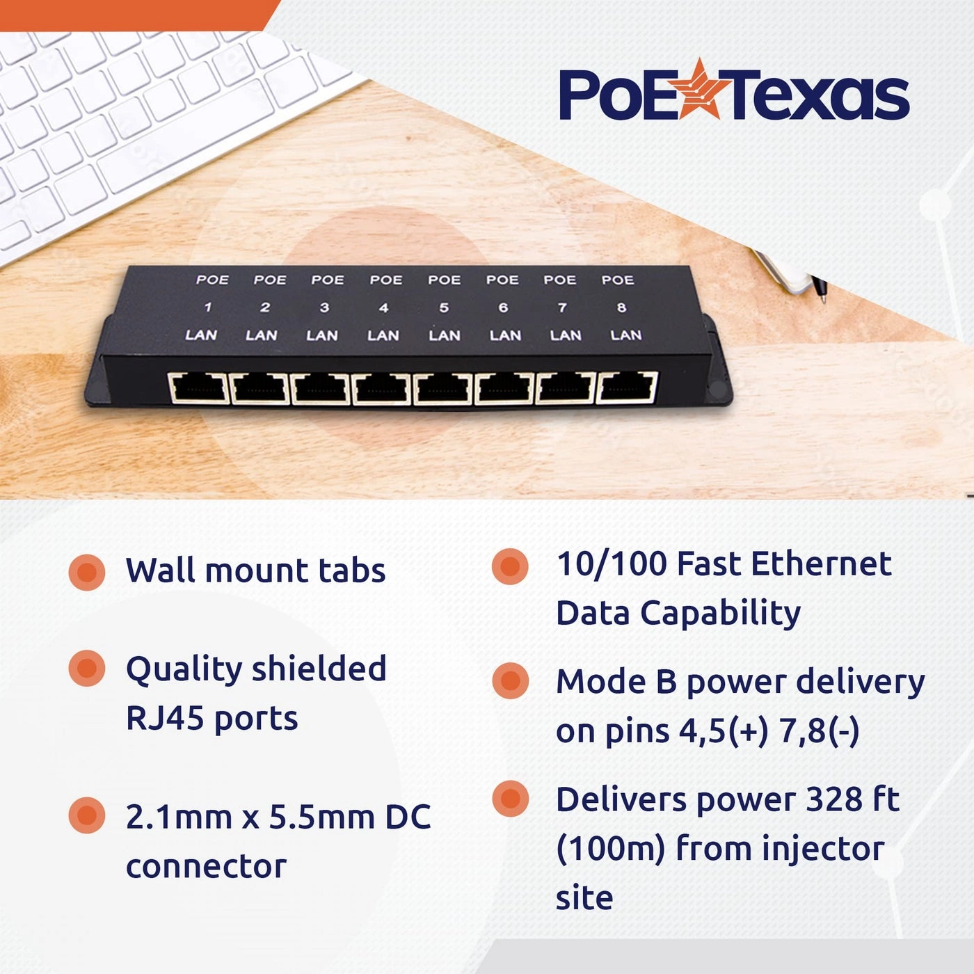 POE-8-48v60w - 48V 60W 8-Port 802.3af 802.3at 10/100 Mbps