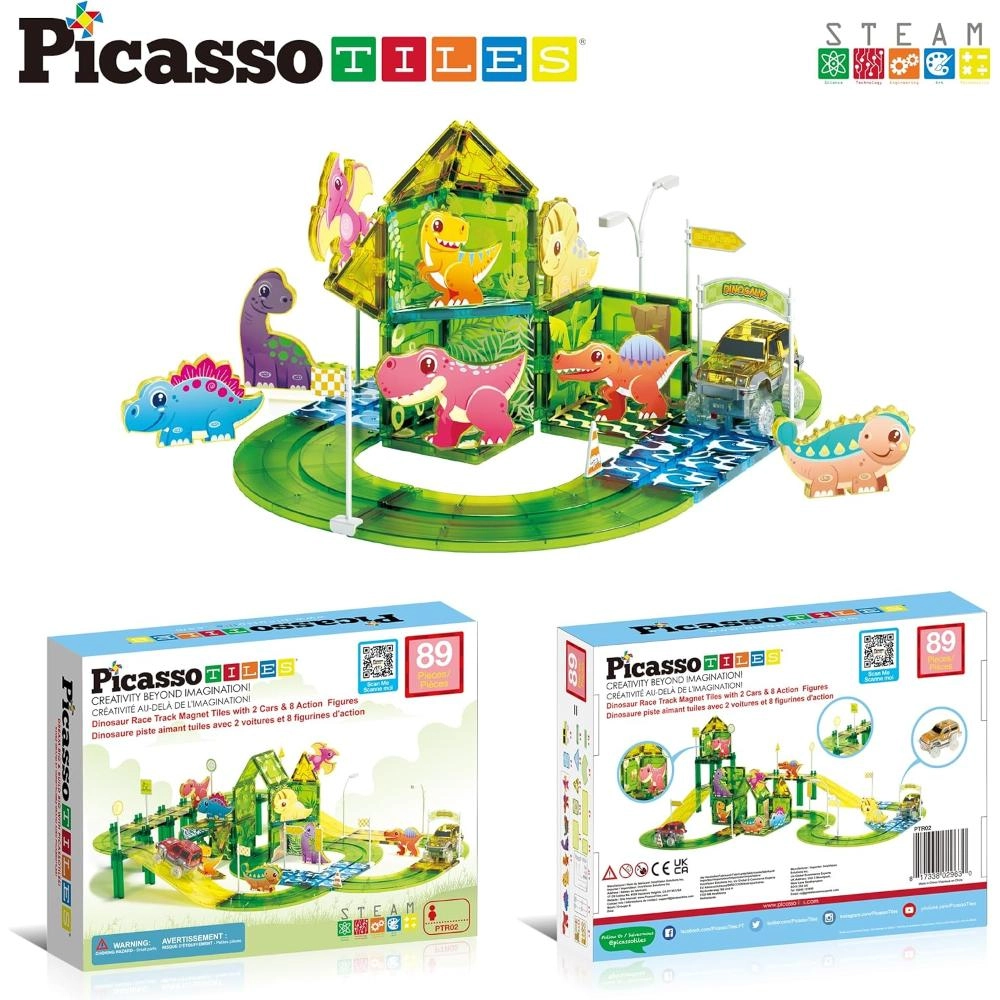 Dinosaur Magnetic Tile Race Car Track - 89 pcs