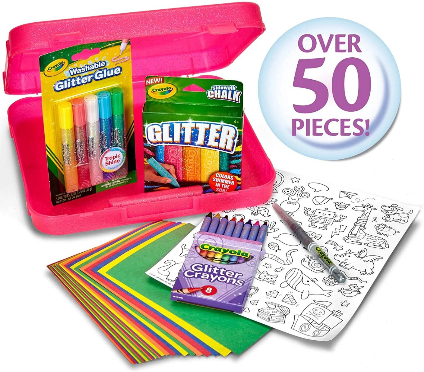 All That Glitters Art Case - 8 Glitter Crayons 5 Glitter Glue Tubes 5 Glitter Chalk Sticks 1 Glitter Marker 1 Color-Your-Own Sticker Sheet 30 Sheets of Construction Paper