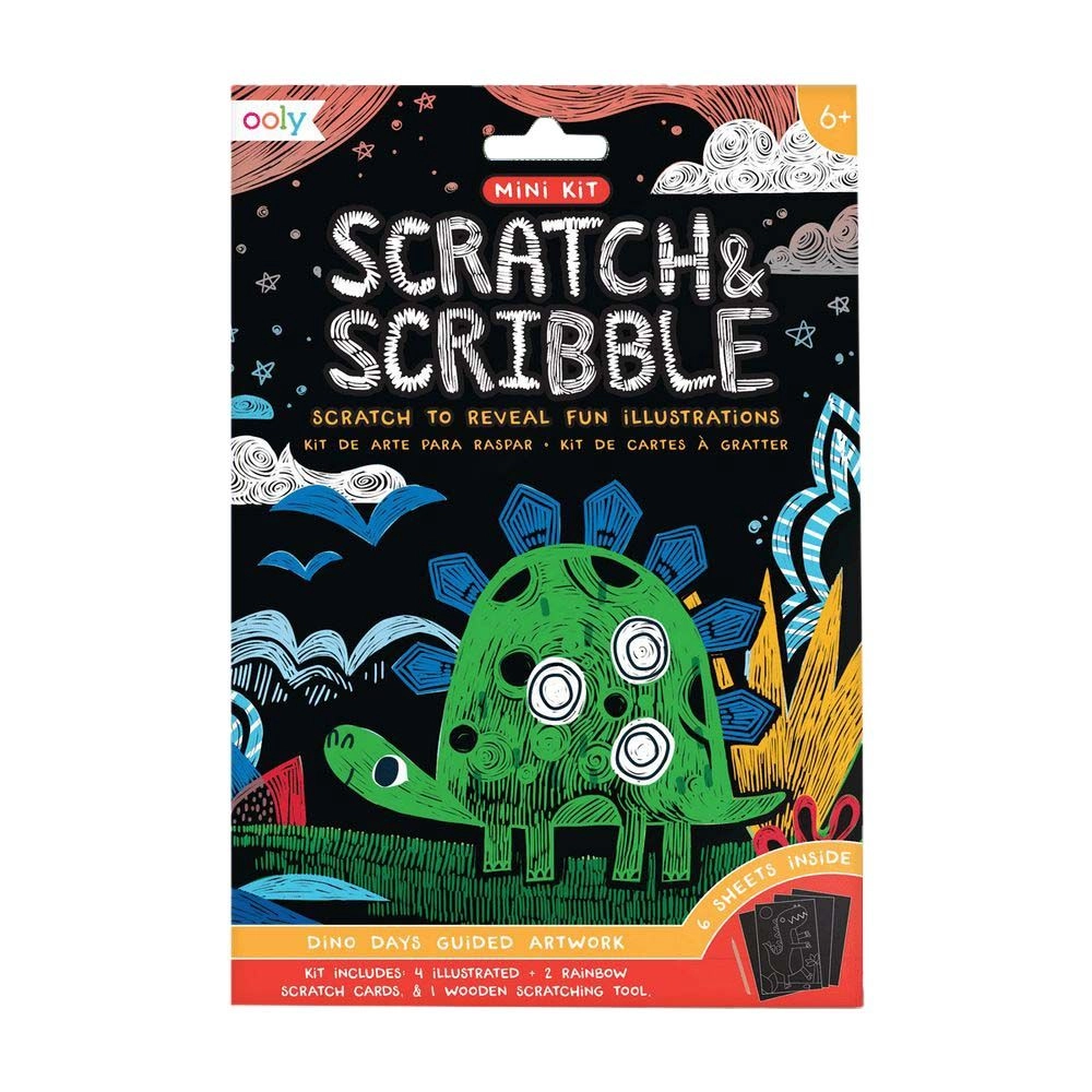 OOLY Mini Scratch & Scribble Art Kit - 4 illustrated scratch cards (4 x 6 inches) 2 rainbow DIY blank scratch cards (4 x 6 inches) 1 wooden stylus