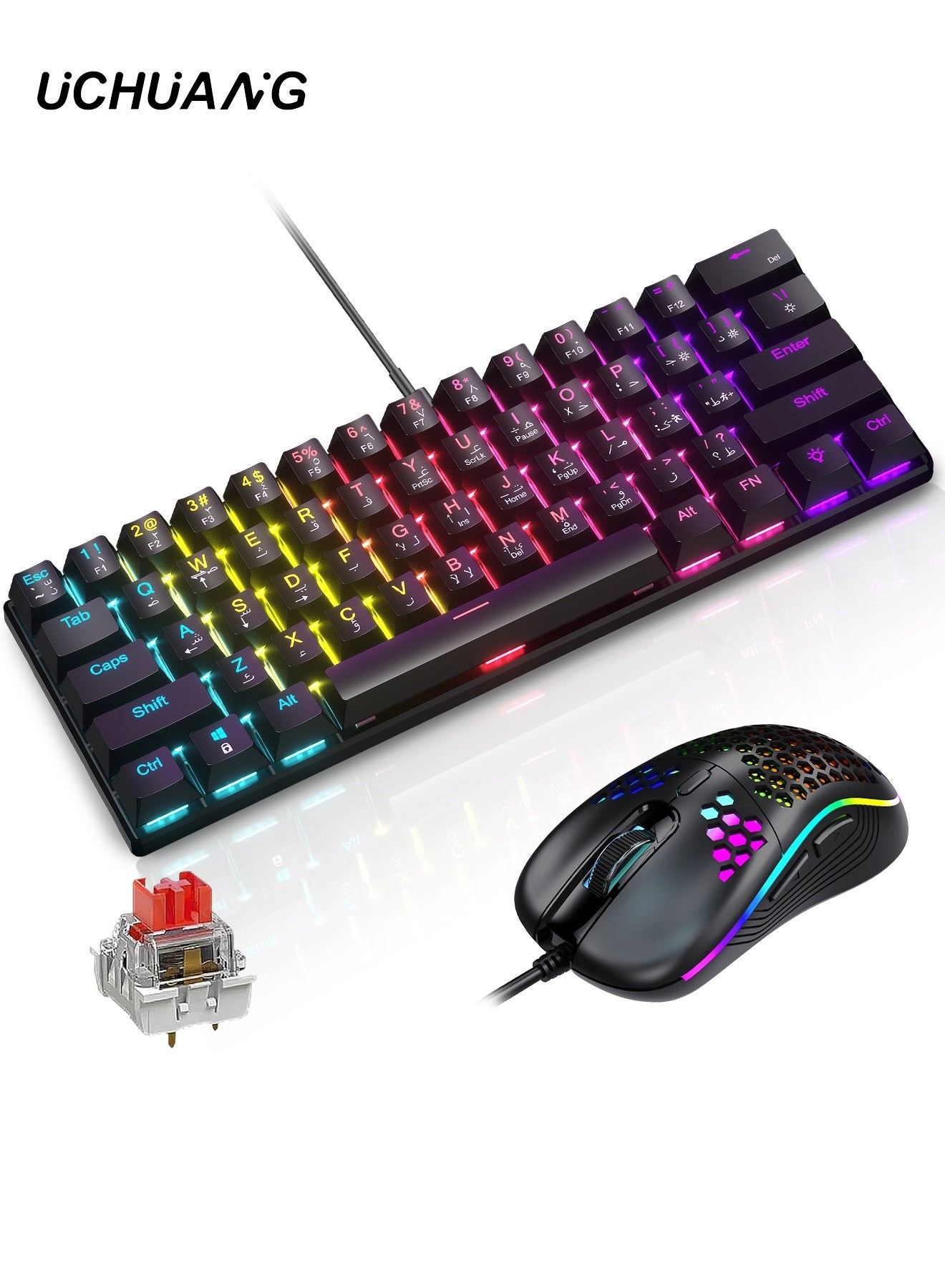 UCHUANG 60% Gaming Keyboard + Honeycomb Optical Mouse