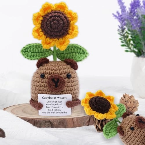 Capybara Positive Sunflower 14 cm Knitted - Pocket Hug Lucky Charm