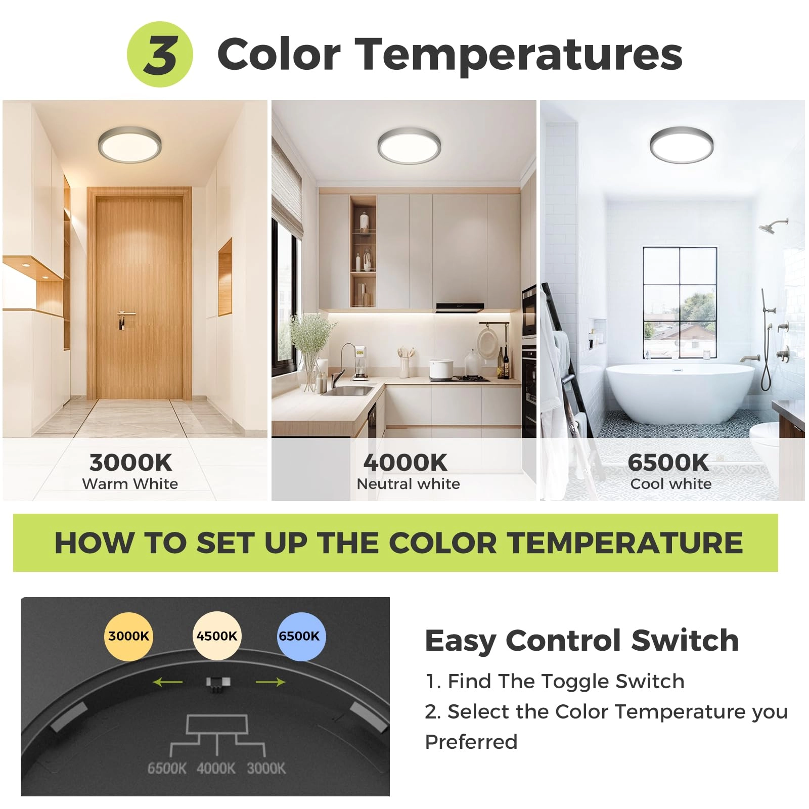Flush Mount LED Ceiling Light - 3000K 4500K 6000K Dimmable
