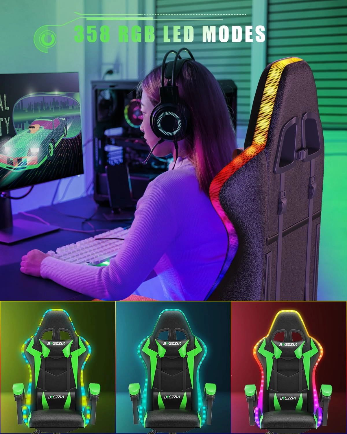 white LED gaming chair - RGB Reclining PU Leather