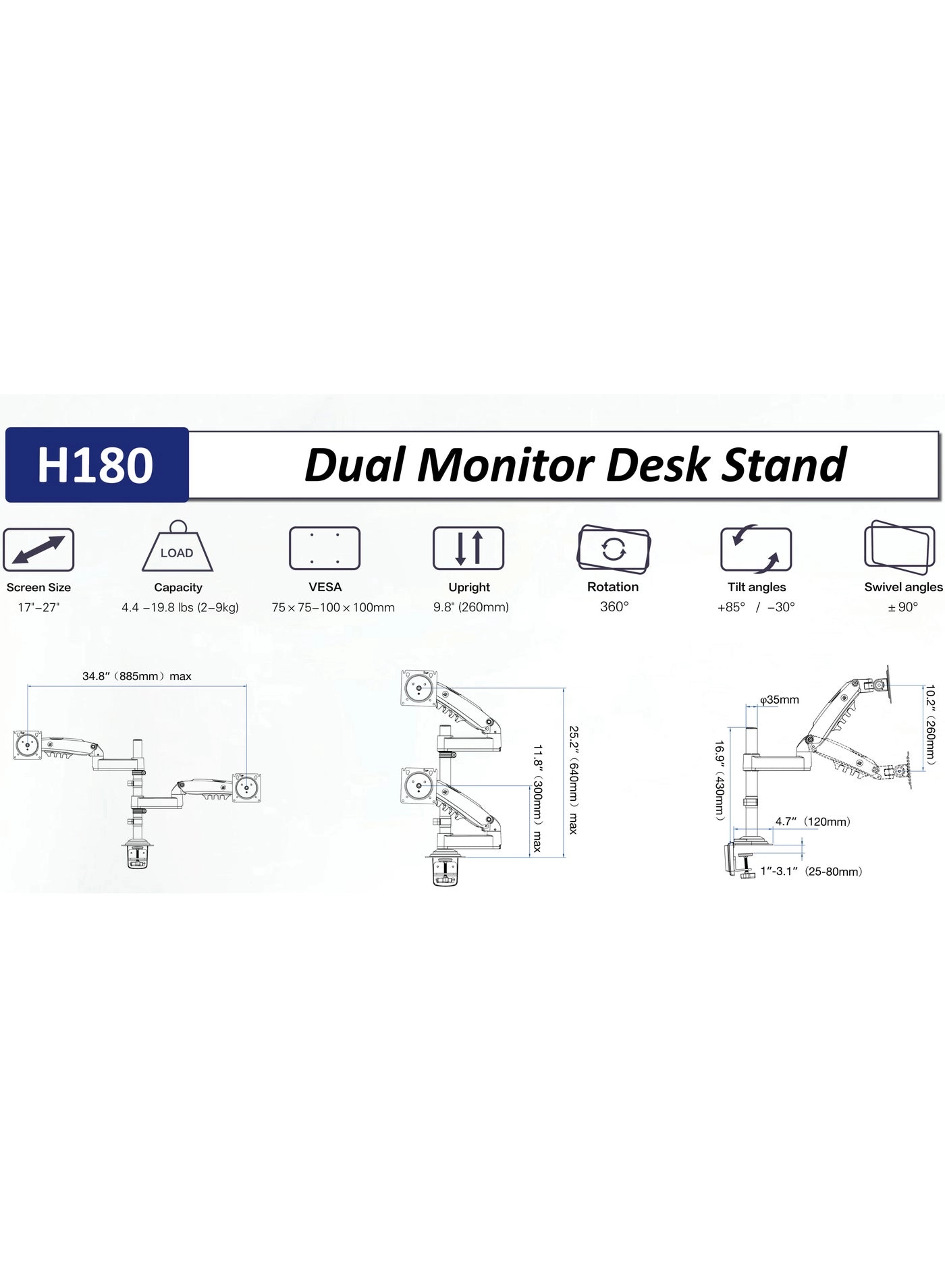 Dual Monitor Arm - 27 in 100x100mm