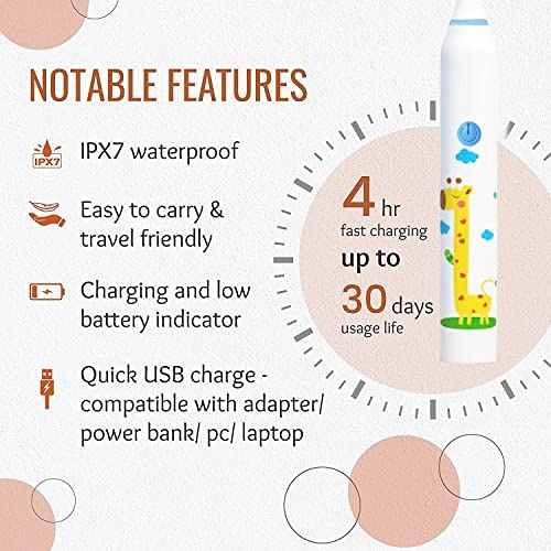 Kids Sonic Tooth Brush - 5 Modes 3 Brush Heads Rechargeable