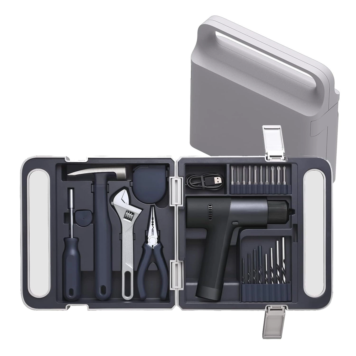 GGZONE Cordless Brushless Drill - 2000mAh + Multipurpose Screwdriver + Adjustable Spanner + Needlenose Plier + Claw Hammer + Rubber Hammer + Self-lock Measure Tape + 18 Bit & Drill Set