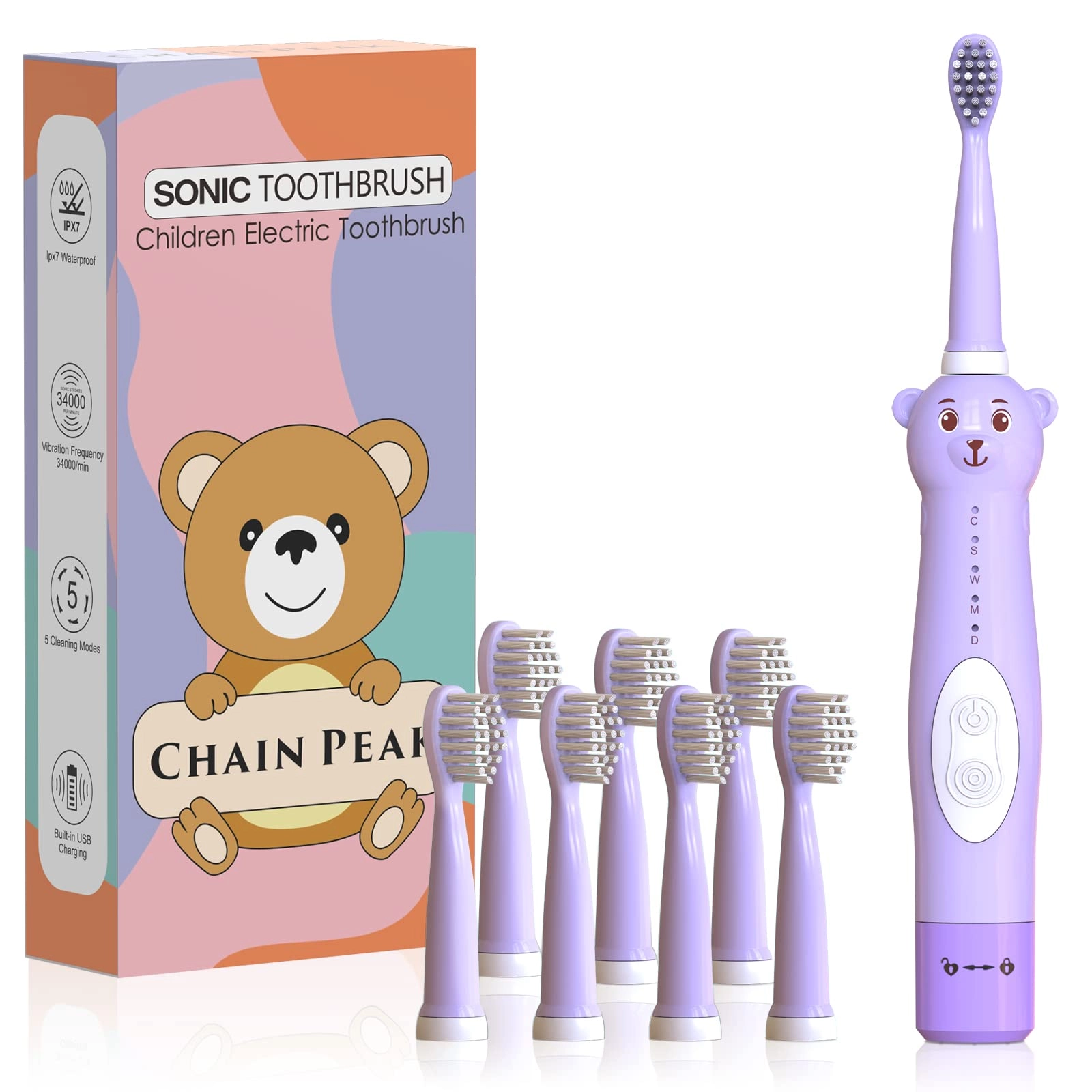 Kids Sonic Electric Toothbrush - Green+8 Heads 2 Min Timer