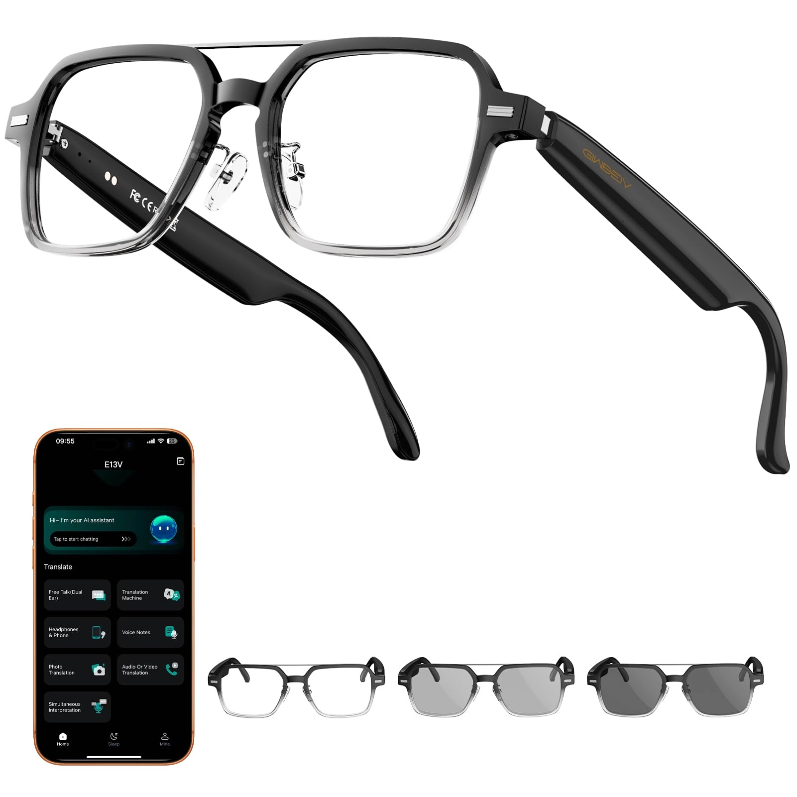 AI Translation Smart Glasses - 164 Languages Color-Changing Lenses