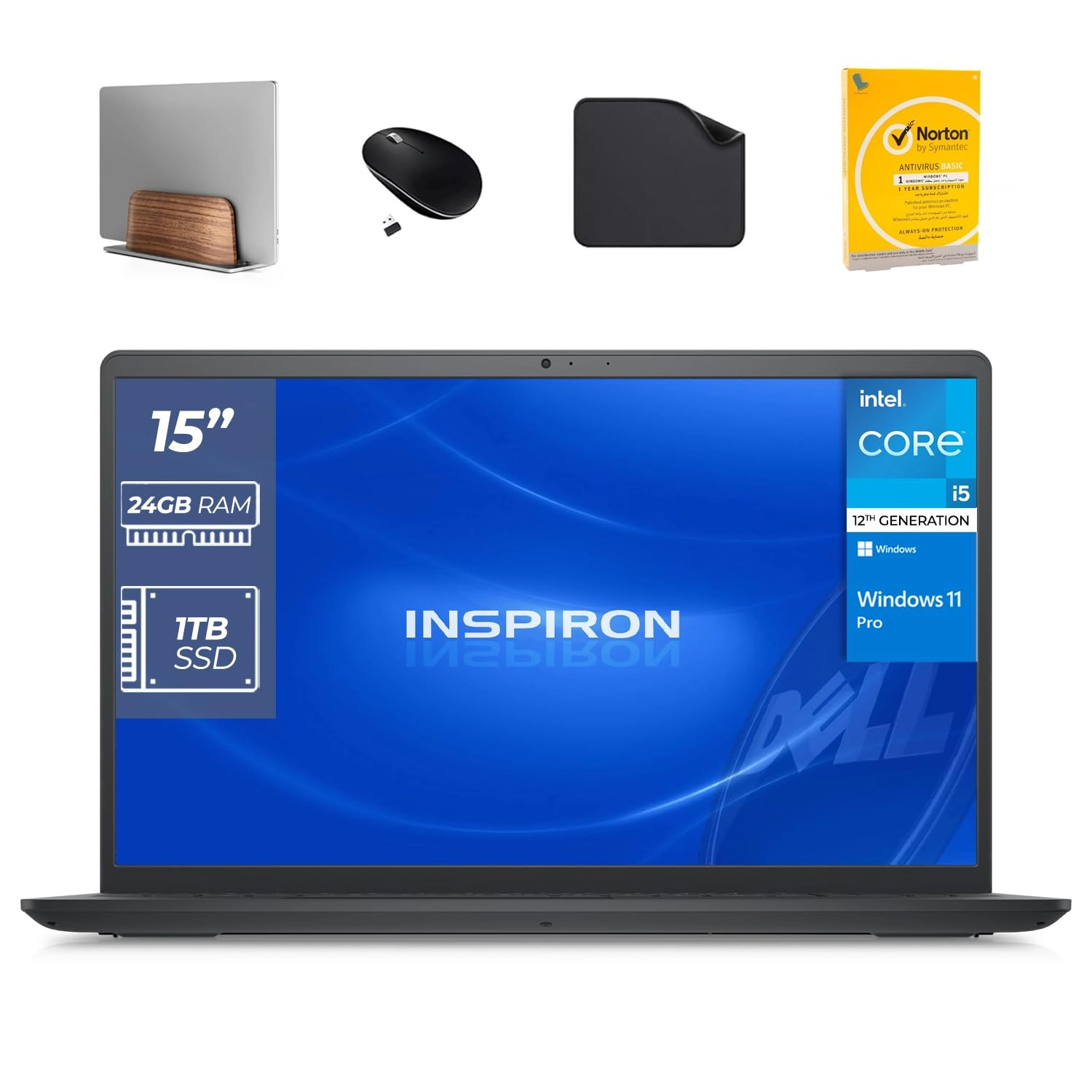 DELL Inspiron 3520 - 15.6'' 1 TB 24 GB i5-1235U + Ergonomic Laptop Stand + Wireless Mouse + Mouse Pad + Antivirus Software