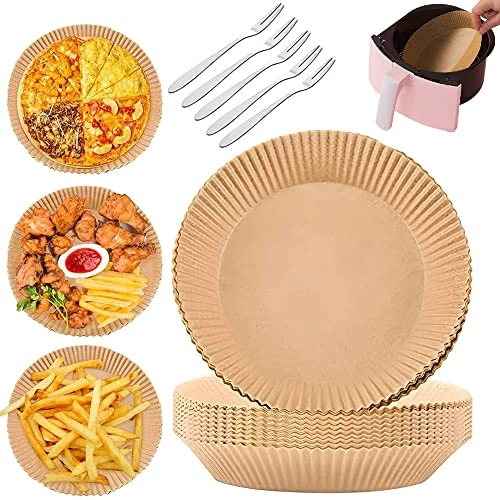Air Fryer Paper Pad - Silicone, Wood Pulp 50PCS + Stainless Steel Forks - 5