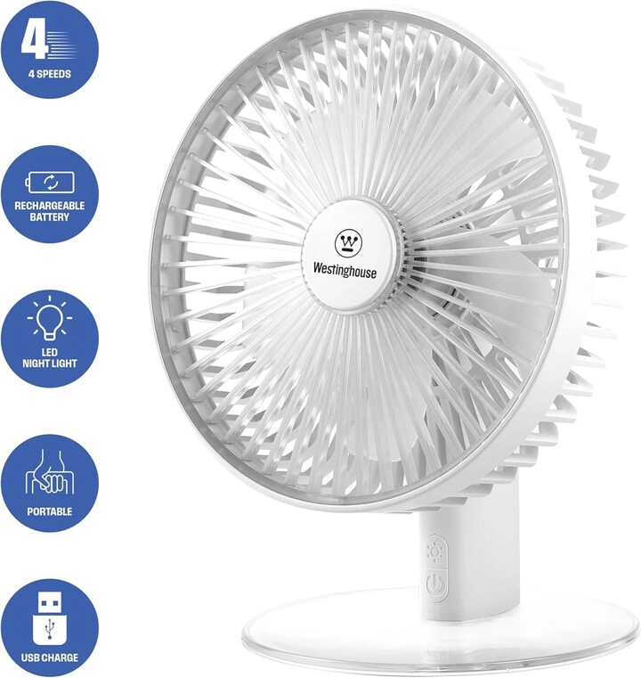 Rechargeable Desk Fan - LED Night Light 4-Speed USB