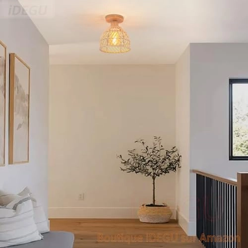 Retro Rattan and Wood Bohemian Design Ceiling Light