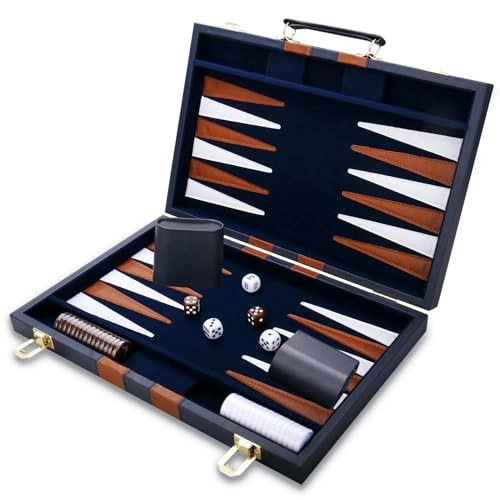 Backgammon Set - Premium Leather Case Blue Grey