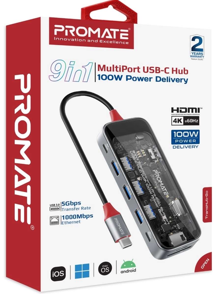 TransHub-Go - 9-in-1 USB Hub 100W USB-C Power Delivery