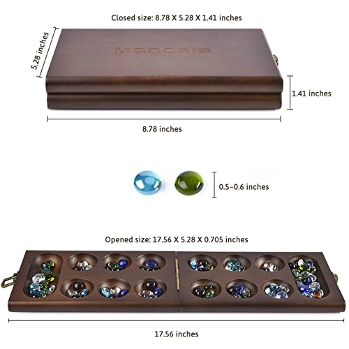 Mancala - Wooden Folding 728 Bonus Multi Color Glass Stones