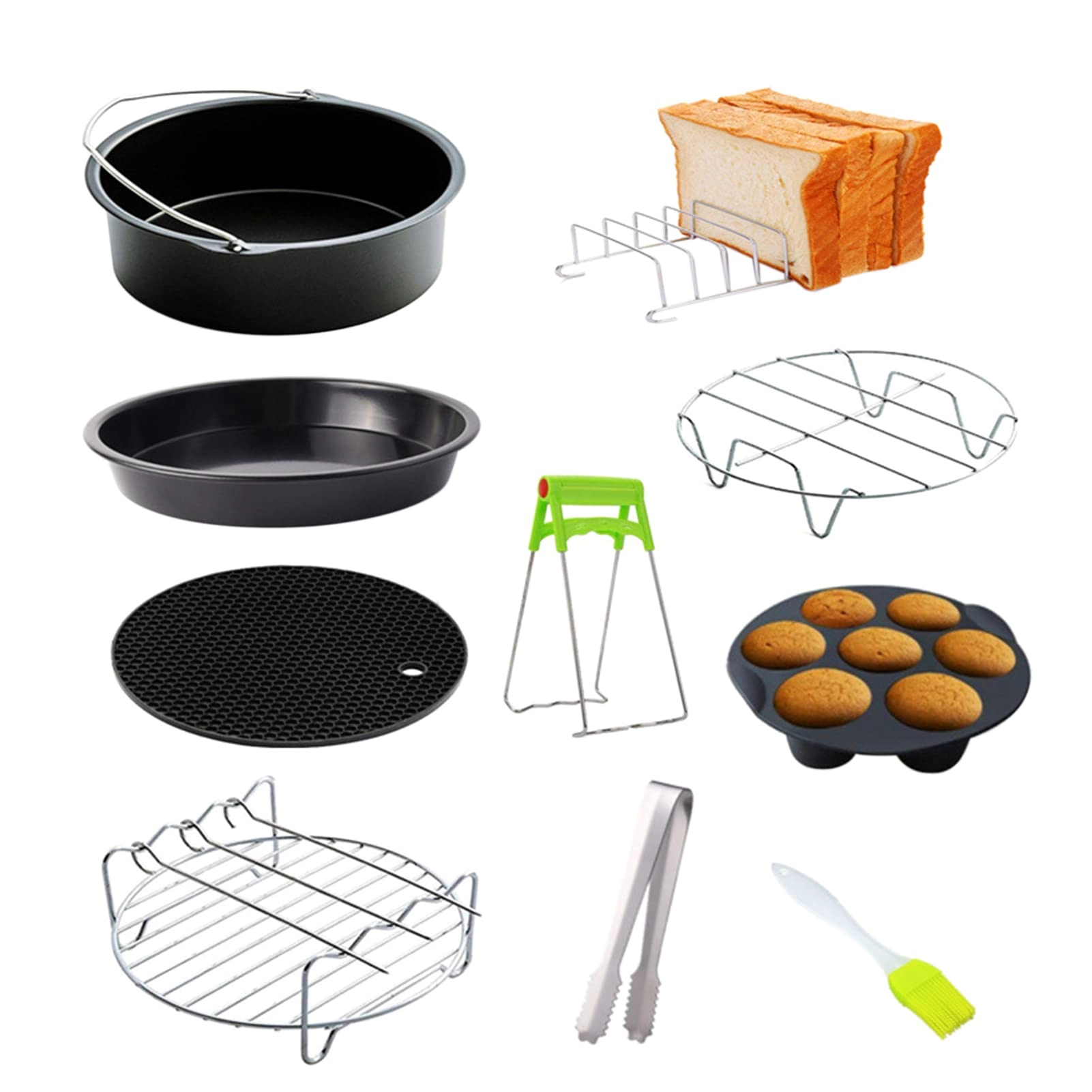 Fawoonu Cake Barrel + Pizza Pan + Cupcake Mould + Bread Bracket + Metal Holder + Double Layer Rack + Heat Insulated Pad + Oil Brush + Food Tong + Dish Clip - 10pcs