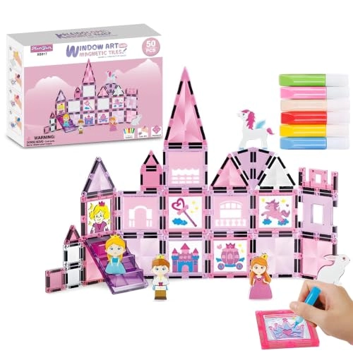 Princess Castle Magnetic Tiles Set - 2 Princes 1 Princess 1 Unicorn 1 Rabbit 50pcs