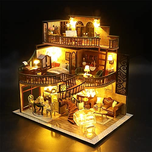 DIY Dollhouse Miniature Kit - Dust Proof Cover Gray Wood