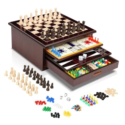 Wooden Board Game Set - 10-in-1 Built-in Storage