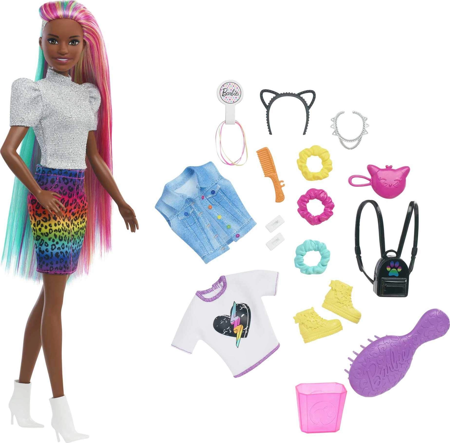 Barbie Leopard Rainbow Hair Doll - Color-change Hair 16 Accessories Ages 3+