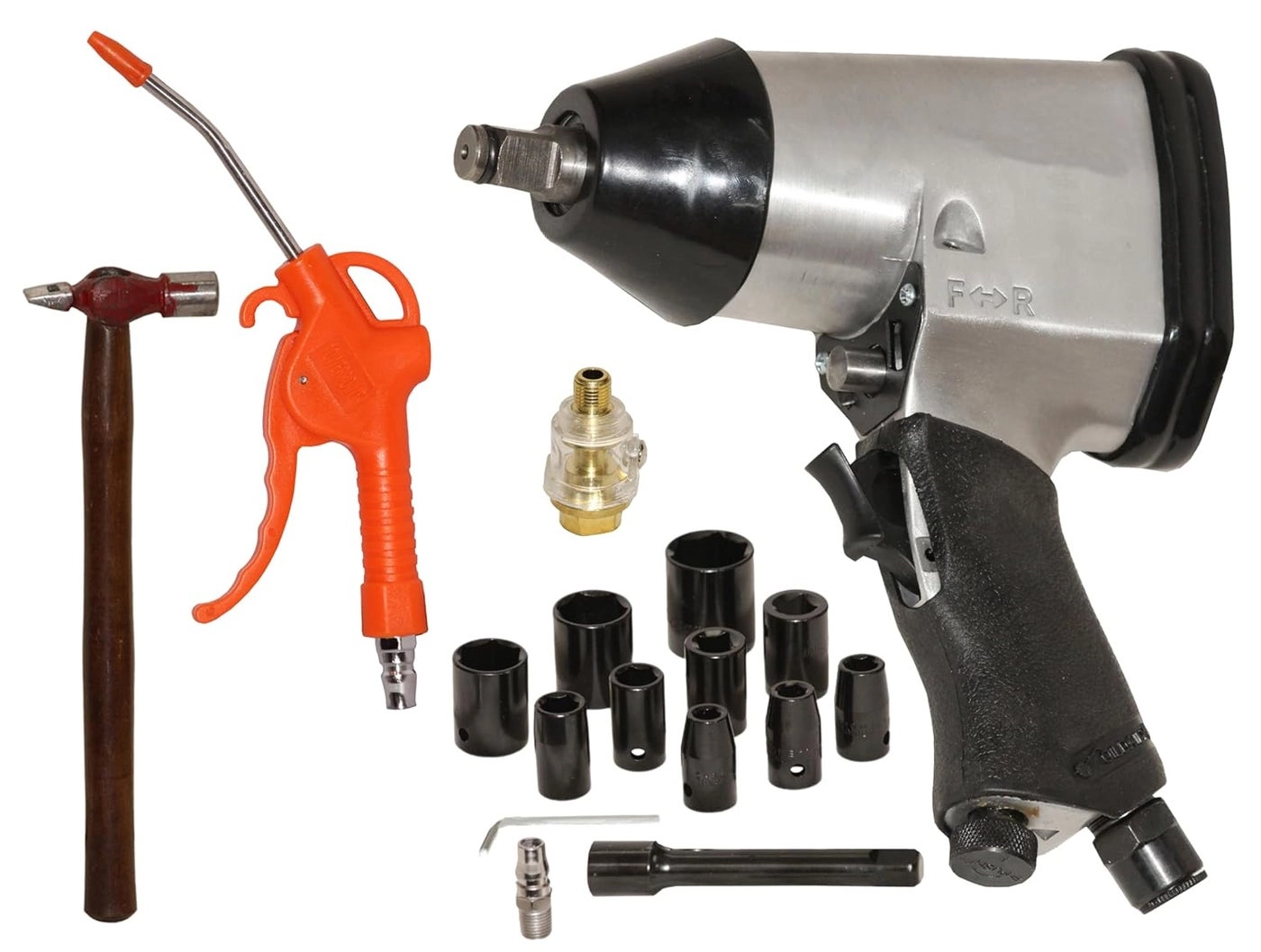 Pneumatic Impact Wrench - 12 + Air Blow Gun + Hammer - 200gm + Socket Set - 10pc + Extension Bar - 927mm + Mini Oiler + Air Nipple