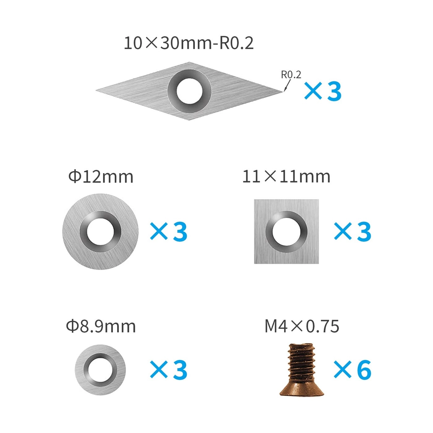 Tungsten Carbide Cutters Inserts Set - 11 mm 12 mm 8.9 mm 30 x 10 mm 18 Pieces